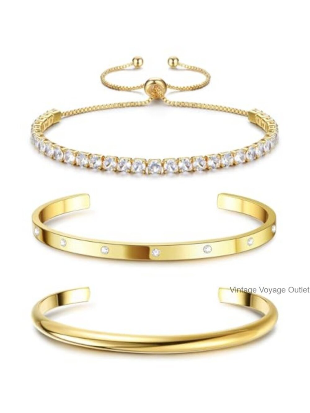 14K Gold Plated CZ Tennis Bangle Cuff Bracelet Set Adjustable Stackable